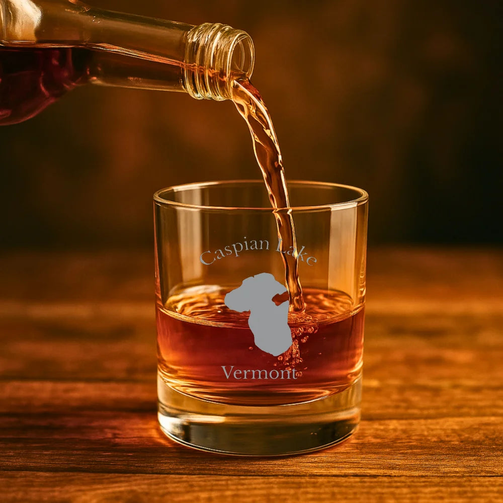 lifestyle image of Caspian Lake Vermont Engraved Whiskey Glass