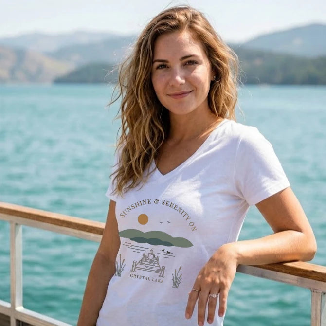 lifestyle image of Crystal Lake Vermont V-Neck Boho T-shirt