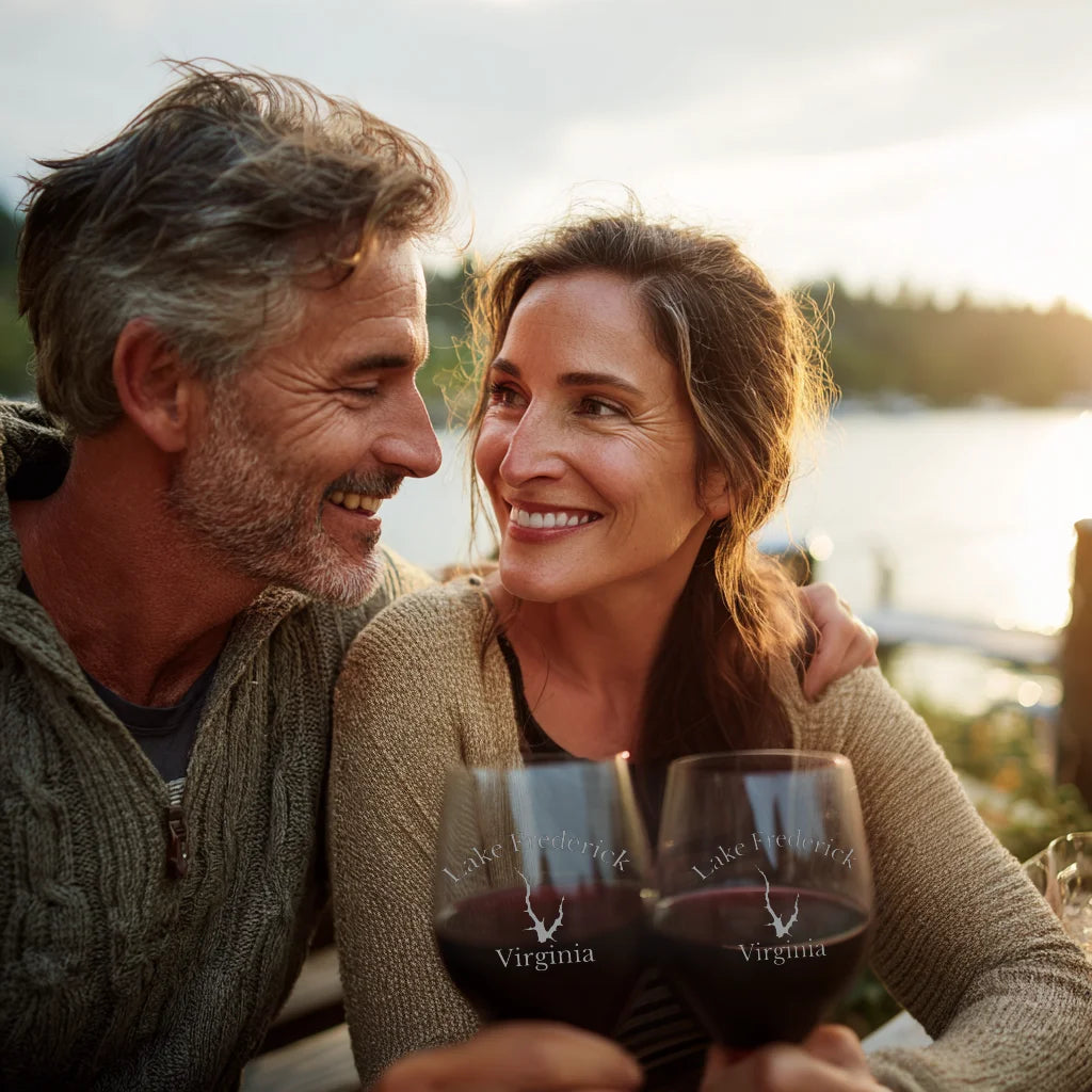 lifestyle image of Lake Frederick Virginia Engraved Wine Glass