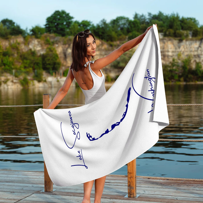 lifestyle image of Lake Sacajawea Washington Beach Towel