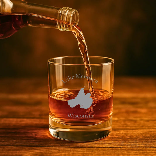 lifestyle image of Lake Mendota Wisconsin Engraved Whiskey Glass