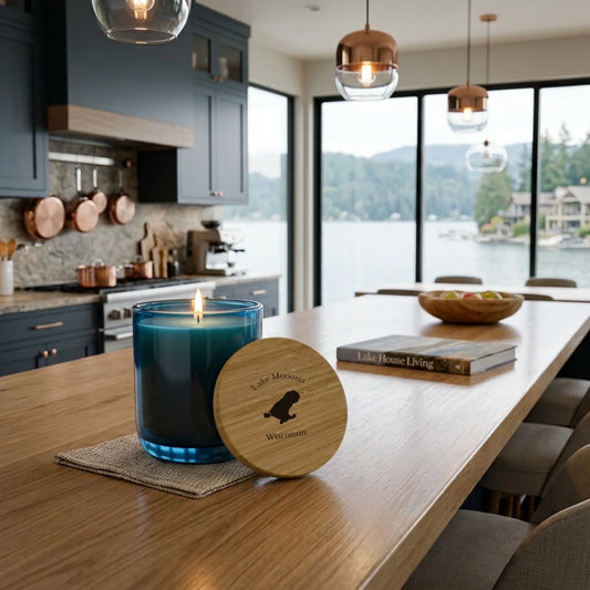 lifestyle image of Lake Monona Wisconsin Engraved Candle