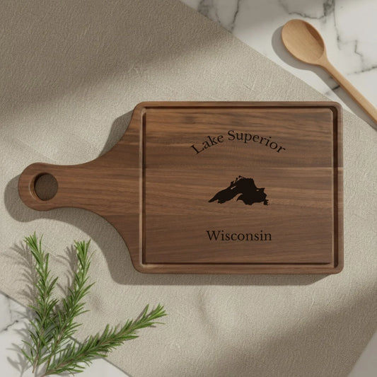 lifestyle image of Lake Superior Wisconsin Engraved Cutting Board