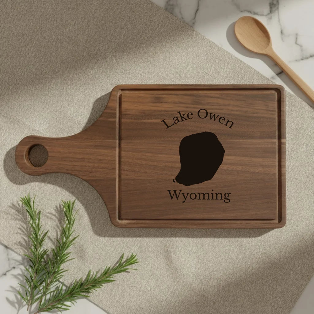 lifestyle image of Lake Owen Wyoming Engraved Cutting Board